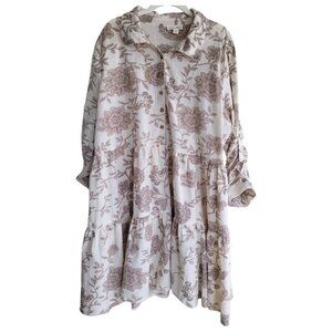 Violet Skies Floral Tiered Boho Dress 3X Cottagecore Neutral Cotton Button Front